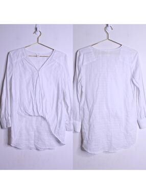 Caslon White Cotton Hi Low V Neck Long Sleeve Plaid Blouse - XXS